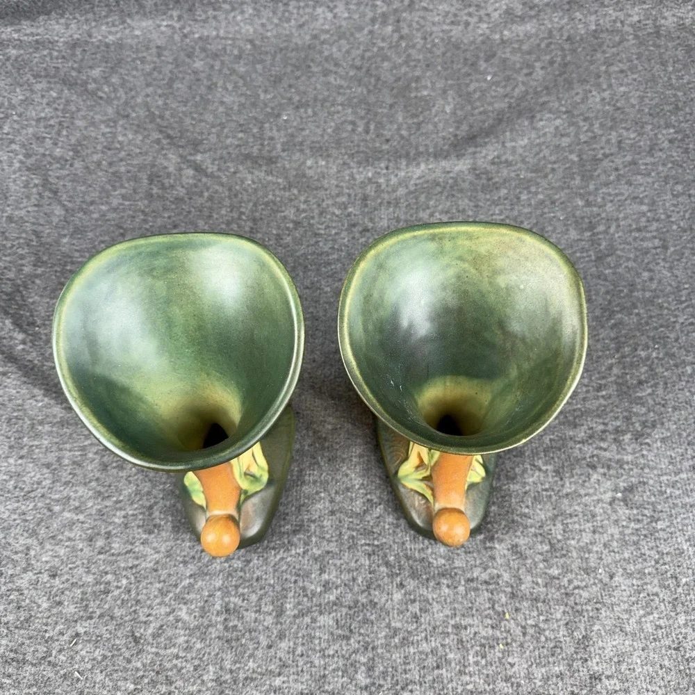 Vintage Roseville‎ Zephyr Lily Green USA Pottery Cornucopia Vases 203-6 Pair